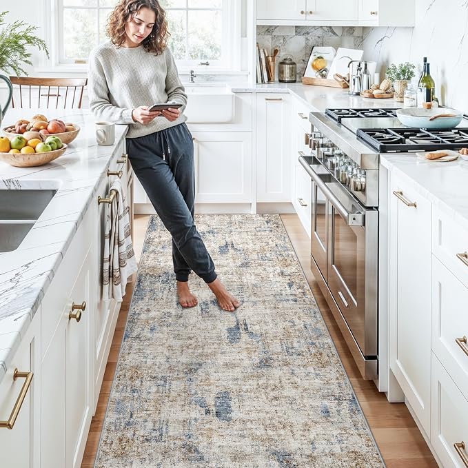Long Runners for Hallways Non Slip - 3x10 Washable Kitchen Runner Rug Modern Abstract Wide Floor Carpet Runner for Indoor Entryway, Bedroom, Living Room （Blue Brown）