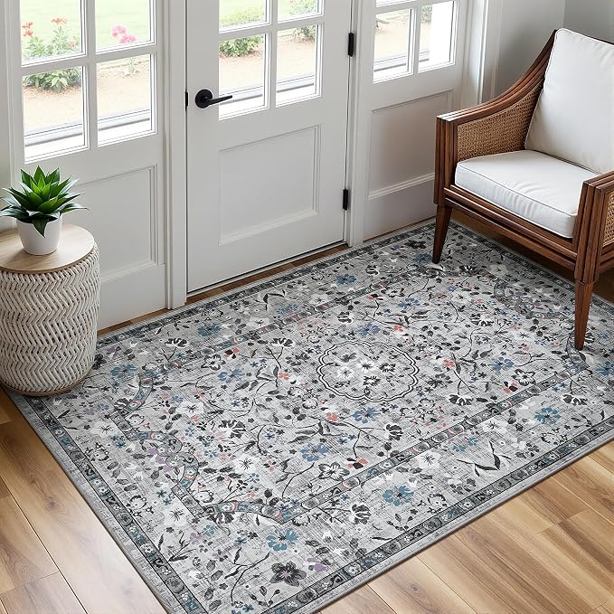 Vasofe 3x5 Area Rug for Bedroom, Washable Rugs for Living Room, Laundry, Kitchen, Vintage Floral Indoor Non Slip Carpet Farmhouse Grey Throw Carpets Soft Low Pile Mat for Dorm Bedside Entryway Office