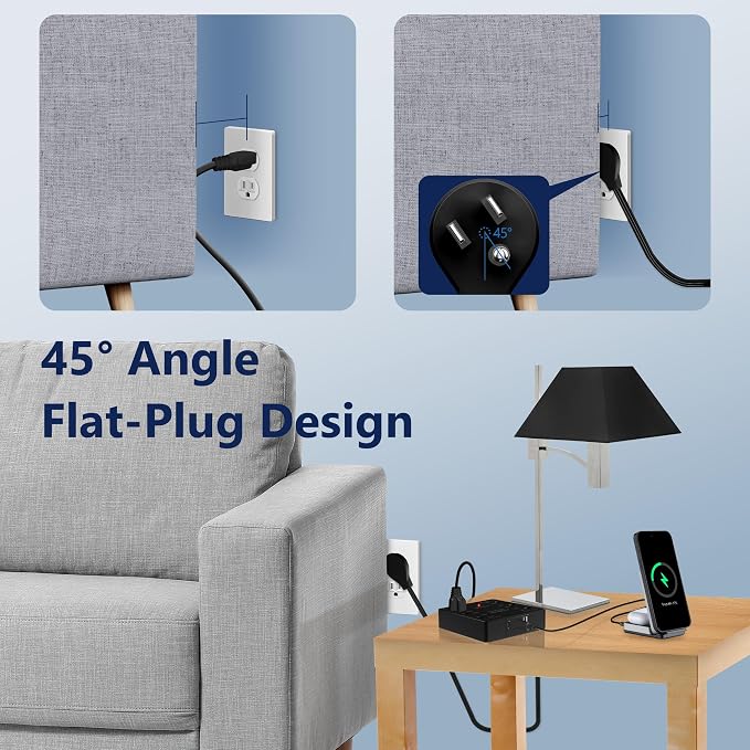 LIDER Outlet Extender with 6 Receptacles, USB-A & 2 USB-C, Angled Ultra-Thin Flat-Plug, 6-Outlet Power Strip, Surge Protector 1500 Joules, 5ft Cord, 1250W, ETL Listed, Matte Black