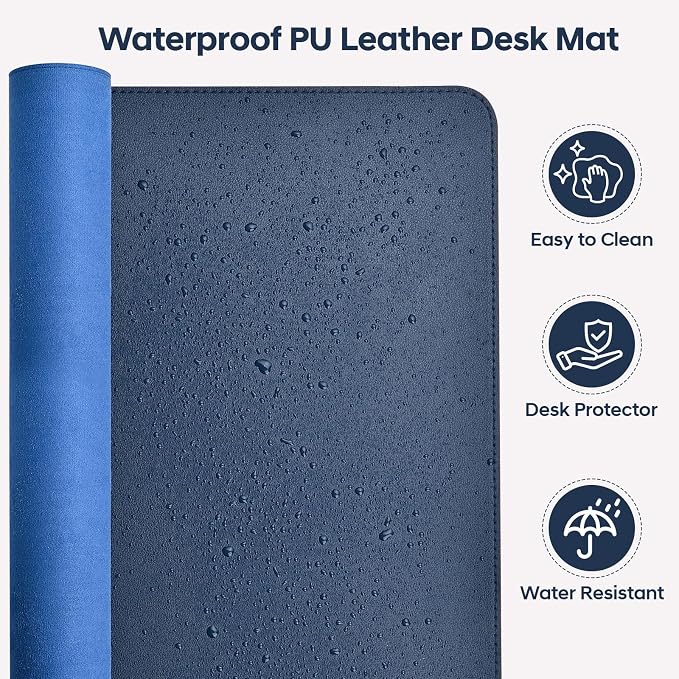 Leather Desk Pad Protector, Office Desk Mat, Large Mouse Pad, Non-Slip PU Leather Desk Blotter, Waterproof Computer Desk Writing Pad for Office and Home (Dark Blue, 31.5" x 15.7")