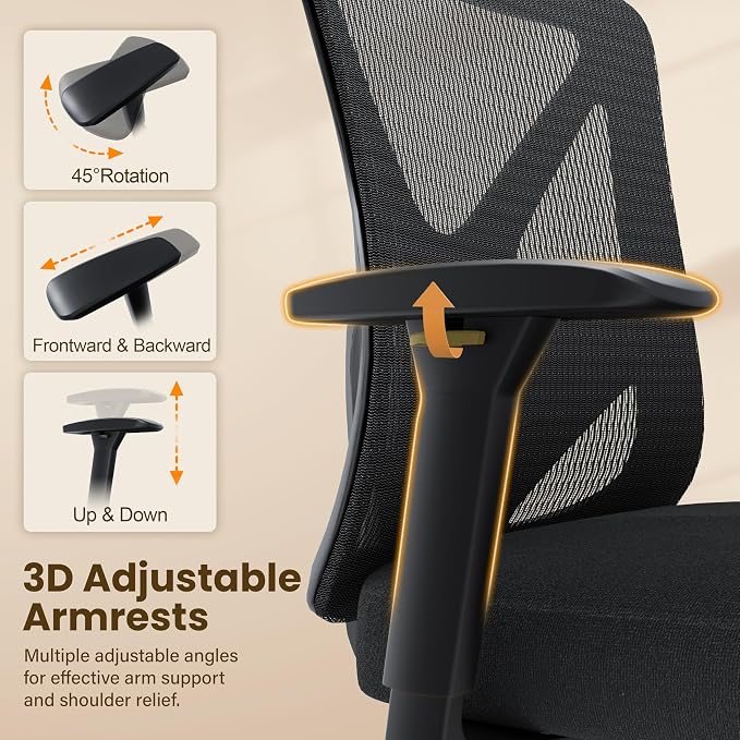 Ergonomic Office Chair, Mesh Computer Desk Chairs with Adjustable Lumbar Support, 3D Armrests, Tilt Function, Comfy Wide Seat, Executive Work Task Chair for Company and Home (Sponge Cushion)
