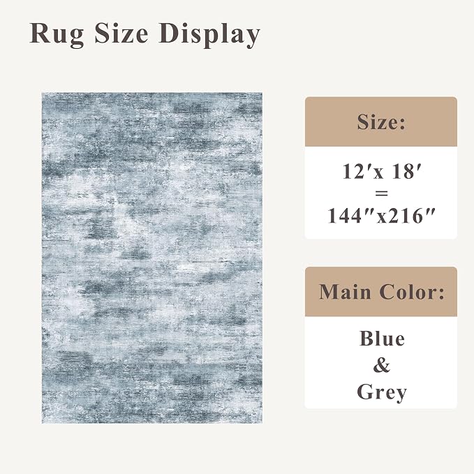 Extra Large Living Room Rug 12x18ft Washable Modern Abstract Neutral Oversize Rug for Bedroom, Dining Room, Family Room Non-Slip Low-Pile Thin Stain-Resistant Carpet (Misty Blue Gray)