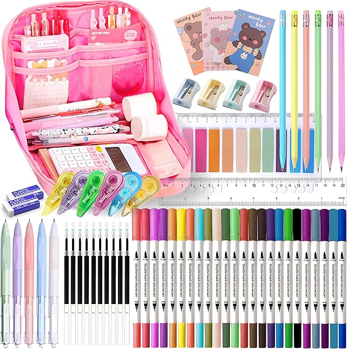 56 PCS Aesthetic School Supplies with Large Pencil Case, 24 Double Brush Marker Pens, 5 Black Ink Gel Pens, 6 Macaron Pencils, 4 Sharpeners, Sticky Notes, Ruler, Erasers, Stationery Gift
