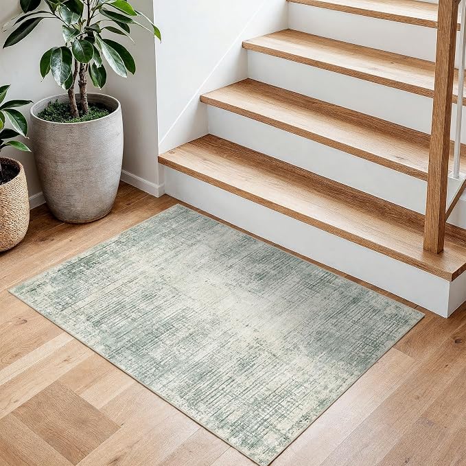 Washable Entryway 2x3 Area Rug: Small Abstract Kitchen Rugs for Indoor Bathroom Entrance Non Slip Door Mat with Rubber Backing Ultra Thin Soft Carpet for Bedroom Pet Feeding Area (Green,2x3)