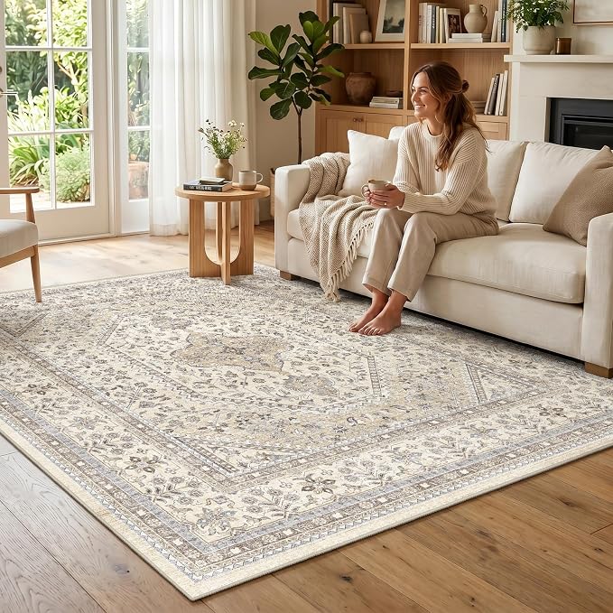 Puino 6x6 Square Area Rug - Washable Oriental Rugs for Living Room Soft Non-Slip Backing Indoor Carpet for Bedroom Kitchen Low Pile Stain Resistant Floor Mat for Bathroom Home Decor Beige/Gray