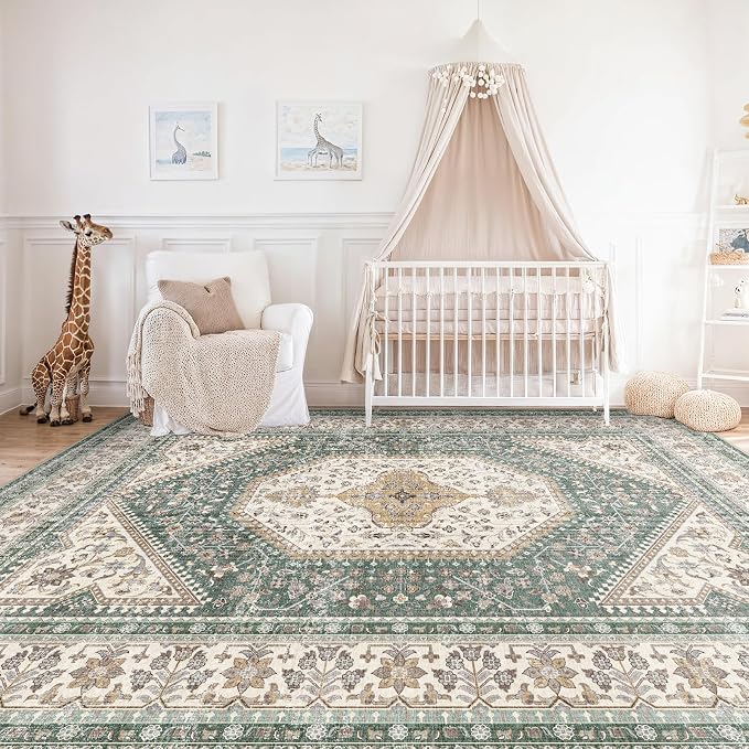 10x12 Area Rug for Living Room: Large Washable Oriental Rugs for Bedroom Non Slip Backing Stain Resistant Indoor Soft Floor Carpet for Dining Table Nursey Dorm Kitchen Low Pile Green/Beige