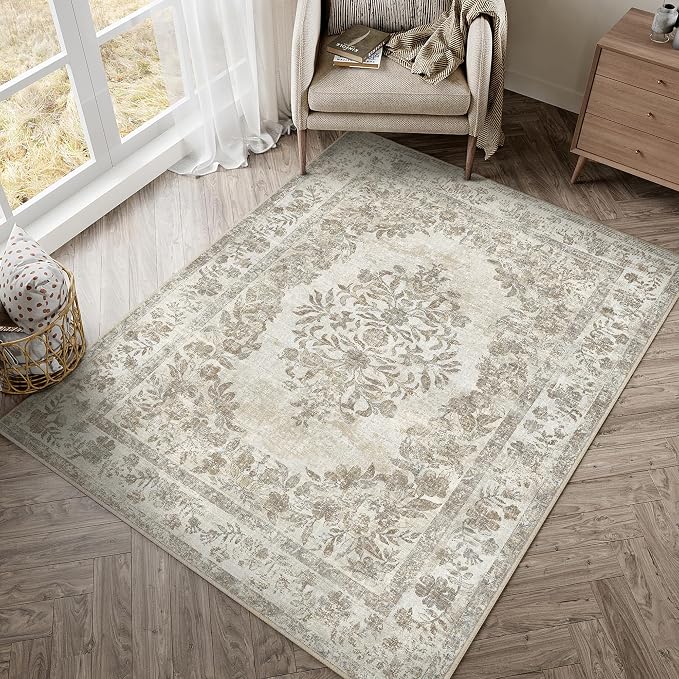 PureCozy 3x5 Area Rug Beige Washable Office Vintage Distressed Carpet Bedroom Indoor Medallion Floral Living Room Non Slip Retro Throw Floor Mat for Dining Room Kitchen Bathroom