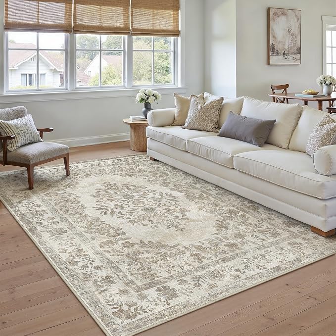 PureCozy 9x12 Area Rug Beige Washable Vintage Distressed Living Room Carpet Large Bedroom Indoor Medallion Floral Non Slip Retro Throw Floor Mat for Office Dining Room Kitchen Bathroom