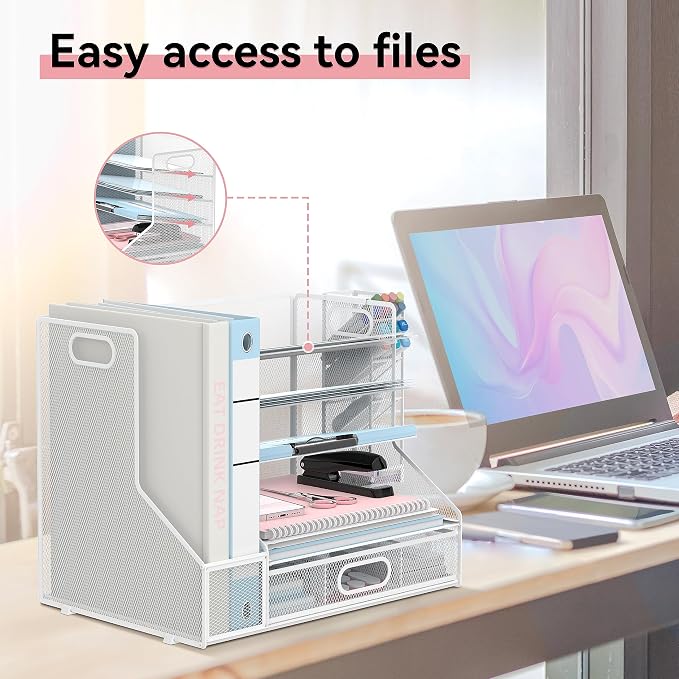 Desk Organizer with 5 Tier File Holder and Sliding Drawer Pen Holder White | Paper Letter Tray with 3 Tilted File Sorters to Keep Desk Accessories and Office Supplies within Reach