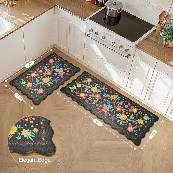 GENIMO Anti Fatigue Kitchen Mats for Floor 2PCS, Cushioned Standing Mats | 17.3"x47"&17.3"x30", Mix Black vintage floral rug set, waterproof, non slip, easy-clean for farmhouse