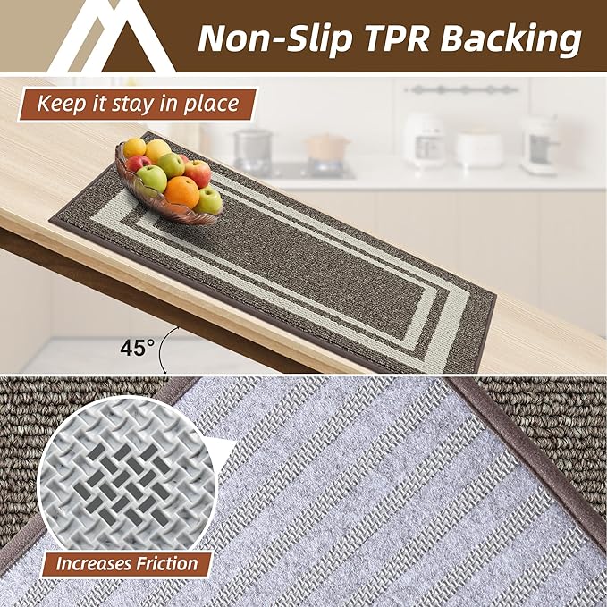 COSY HOMEER Kitchen Rugs Non-Slip 20x30/20x48 Inch Thick Polypropylene Standing Mat for Home Machine Washable, Brown Frame