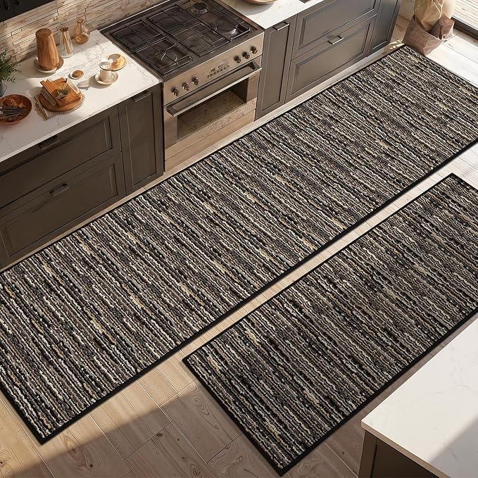 Kitchen Rugs Sets of 2-Non Slip Kitchen Mats for Floor-Thick Stain Resistant Vintage Kitchen Floor Mat Runner Carpet for Hallways Entryway Laundry Room Washable（Black 24"x79"+20"x47"）