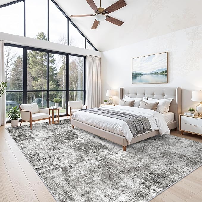 10x14 Area Rug Living Room – Washable Large Neutral Modern Abstract Soft Low Pile Non-Slip Thin Carpet for Bedroom, Dining Room, Home Office (Grey)