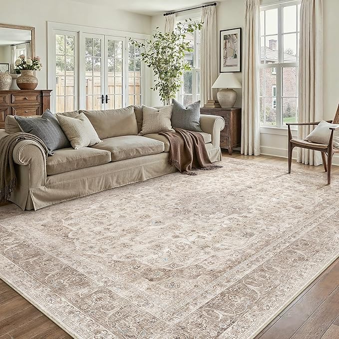 PureCozy Beige Area Rug 8x10 for Living Room Washable Vintage Carpet Low Pile Non Slip Distressed Soft Traditional Retro Oriental Large Accent Throw Rug Office Bedroom Dining Room Playroom