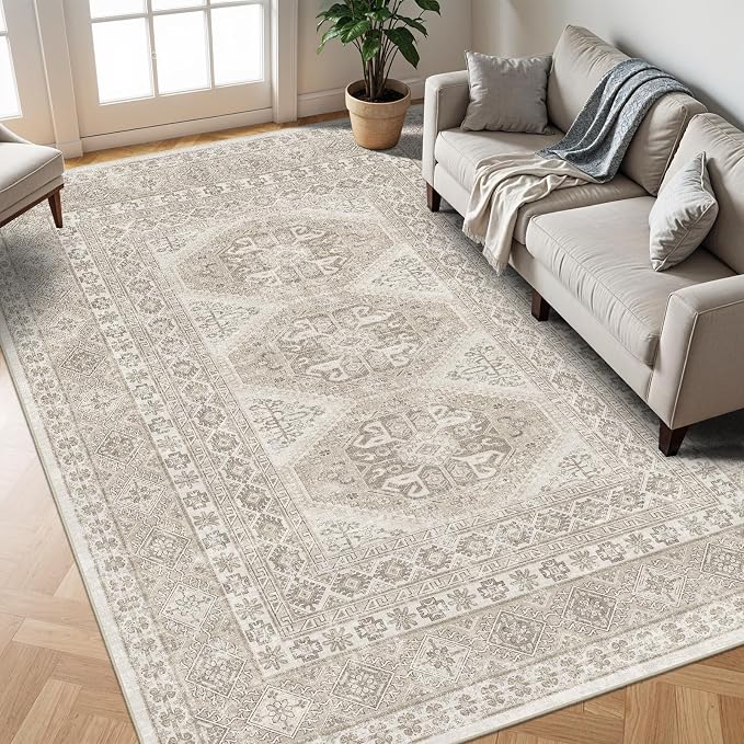 10x12 Area Rug for Living Room: Vintage Oriental Washable Rug for Bedroom Dining Room with Non Slip Rubber Backing Stain Resistant Low Pile Large Carpet Home Office (Beige, 10x12)