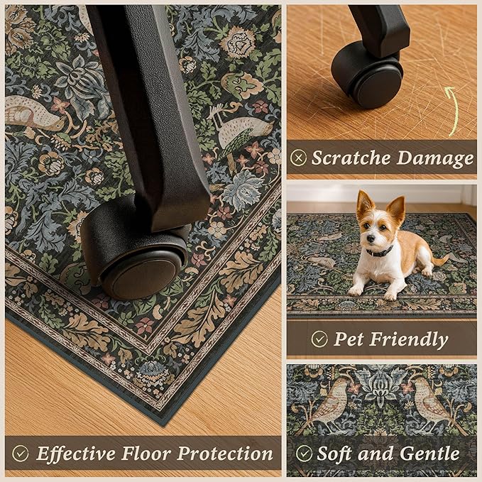 Washable 4x5 Boho Office Chair Mat for Hard Wood Floors, Green Floor Protector for Computer Chair, Rustic Botanical 48"x60" Low Pile Under Desk Rug, Easy to Clean, Non-Slip Stain & Fade Resistant