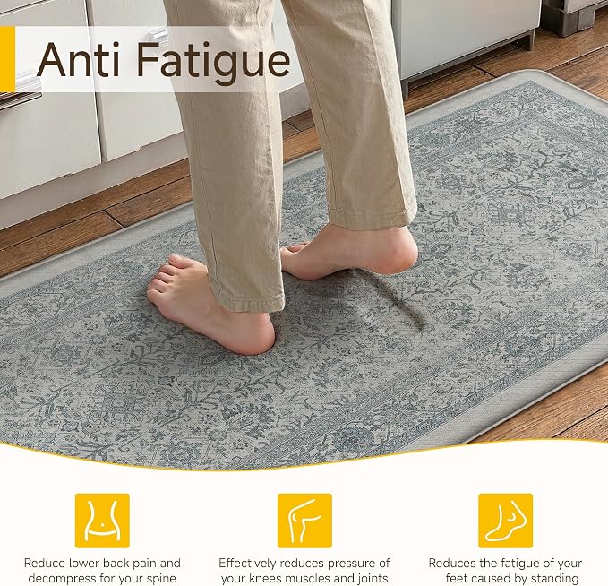 PureCozy Kitchen Mats 2PCS Anti Fatigue Cushioned Mat Blue Vintage Kitchen Mats for Floor Waterproof Non Slip Comfort Standing Distressed Rug for Sink Laundry Office 17.3"x47"+17.3"x30"