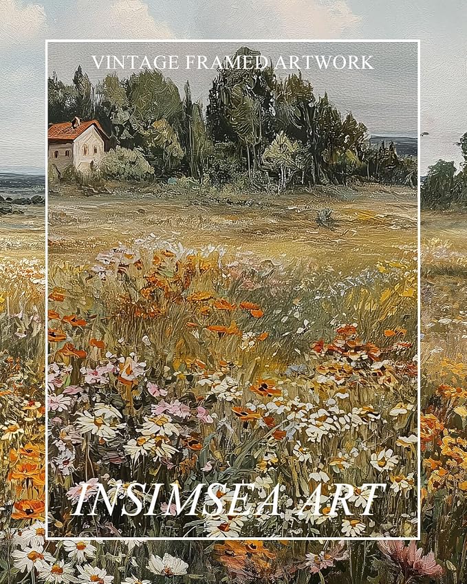 InSimSea Extra Large Framed Vintage Wall Art, Living Room Country Farmhouse Decor, Wildflower Meadow Landscape Canvas Prints, Retro Cottage Long Pictures for Bedroom Above of Bed, 20x40inch