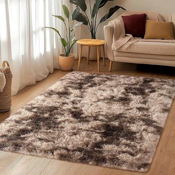 Awaytail 8x10 Shag Area Rug - Fluffy Fuzzy Nursery Kids Girls Room Rug - Soft Plush Furry Bedside Carpet- Tie-Dyed Brown