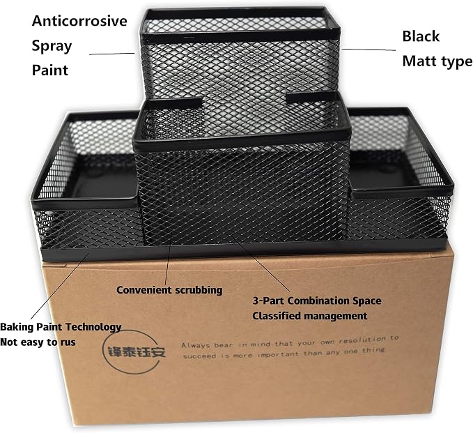Fengtaiyuan T02 Black-Plus, Big Black Metal Wire Mesh Pencil Holder, Desktop Organizer