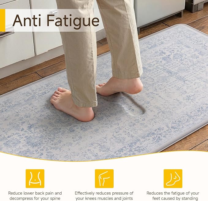 PureCozy Kitchen Mats 2PCS Anti Fatigue Cushioned Mat Light Blue Vintage Kitchen Mats for Floor Waterproof Non Slip Comfort Standing Retro Floral Rug for Sink Laundry Office 17.3"x47"+17.3"x30"