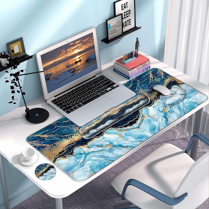 Desk Mat Set + Keyboard and Mouse Pad with Wrist Rest Support,4-in-1 Large Mousepad Computer Mats for Desktop Home & Office-Marble 2