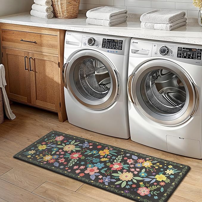 GENIMO Anti Fatigue Kitchen Mats for Floor 2PCS, Cushioned Standing Mats | 17.3"x47"&17.3"x30", Black vintage floral rug set, waterproof, non slip, easy-clean for farmhouse