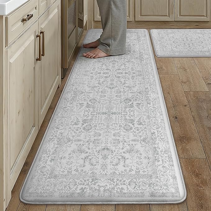 Kitchen Mats 2PCS Anti Fatigue Cushioned Mat Gray Vintage Kitchen Mats for Floor Waterproof Non Slip Comfort Standing Grey Retro Floral Rug for Sink Laundry Office 17.3"x59"+17.3"x30"
