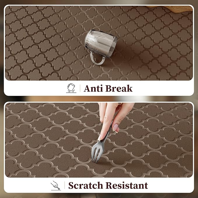 Upgrade Scalloped Embossed Kitchen Mats for Floor 2PCS Cushioned Anti Fatigue Waterproof Foam Kitchen Rugs Non Slip Washable Comfort Standing Mat for Sink Laundry, 17.3"x30"+17.3"x59", Brown