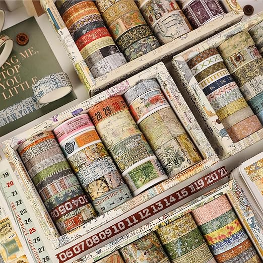 Vintage Washi Tape Set - 24 Rolls Arts Adhesive Tapes Assorted Retro Decorative Masking Tape Sets for Craft, Kids, Scrapbook, DIY, Gift Wrapping (2-Vintage Journey)