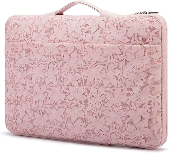 Kinmac Embossed PU Leather 360° Heavy Duty Protective Laptop Sleeve with Poacket (Pink Floweret, 15 inch-15.6 inch)