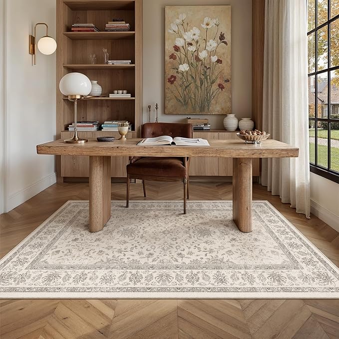 PureCozy 3x5 Area Rug Beige Washable Entryway Vintage Carpet Office Small Non Slip Stain Soft Resistant Low Pile Thin Boho Accent Indoor Throw Rug for Laundry Kitchen Bathroom Entrance Bedroom