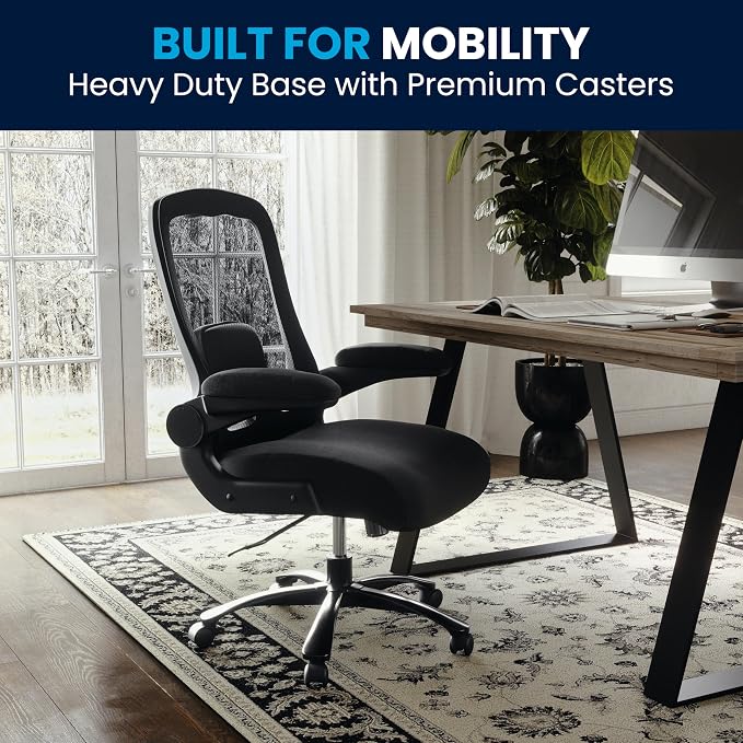 Flash Furniture Big & Tall Mesh Swivel Office Chair, Black | Mesh Back, Lumbar and Back Support, Flip-Up Arms