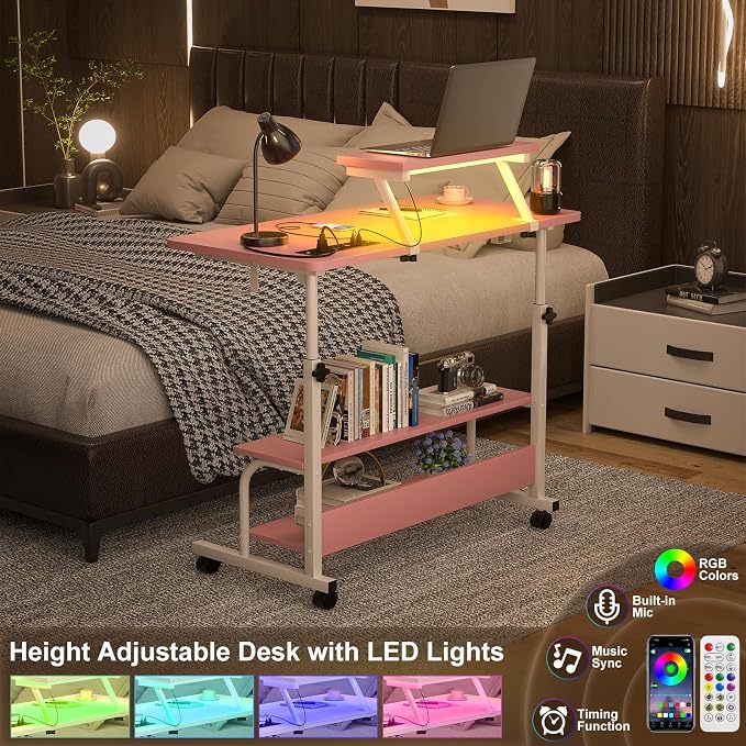 Height Adjustable Standing Desk with Power Outlets and LED Lights - 32" Manual Stand Up Desk with Monitor Stand and Storage Shelves Small Mobile Rolling Computer Desk Portable Laptop Table, Pink