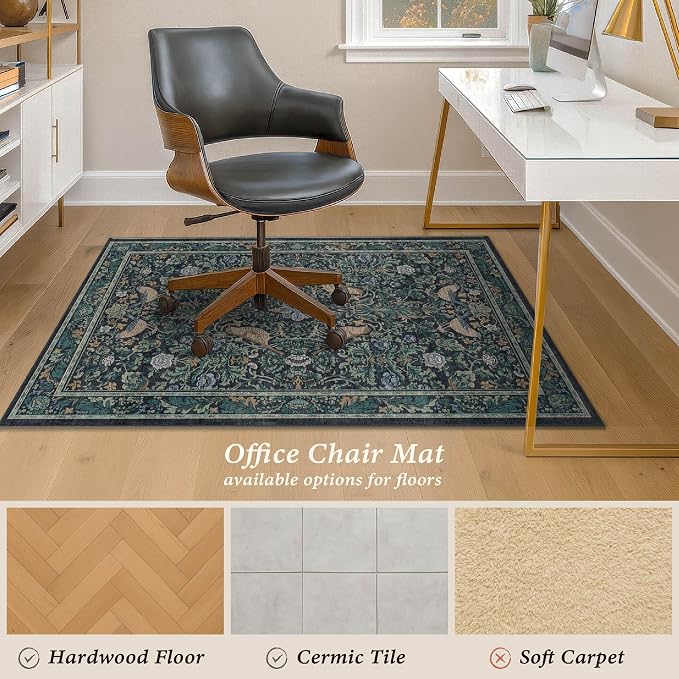 Traditional Blue Washable 4x5 Blue Office Chair Mat for Hardwood Floors, Anti-Slip Floor Protector for Computer Chair with Bird Pattern, Low Pile Carpet for Rolling Chair, Botanical Stain Resistant