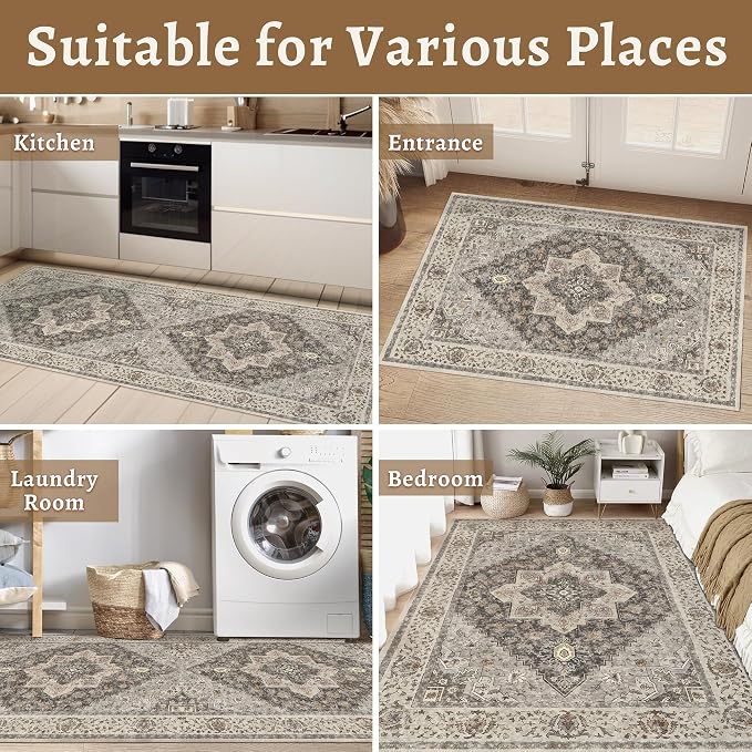 Tangsoo Vintage 2x5 Washable Runner Rug for Hallways, Farmhouse Non Slip Soft Low Pile Long Runner Rug, Distressed Grey Rug Runners for Kitchen Bedroom Entryway Bathroom Living Room Office Home Decor