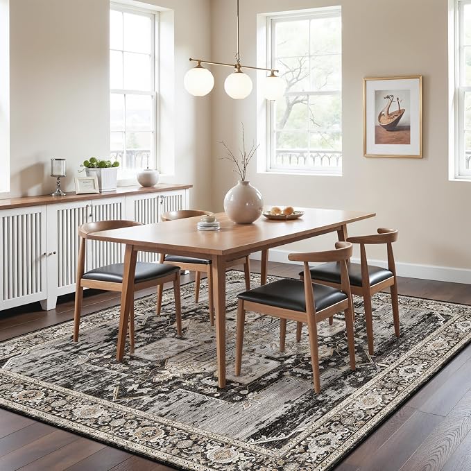 RUUGME Dining Room Rugs for Under Table - Washable Living Room Area Rug Stain Resistant Carpet Vintage Lightweight Ultra-Thin Rugs for Bedroom Kitchen with Non Slip Backing Home Decor 6x6 Black