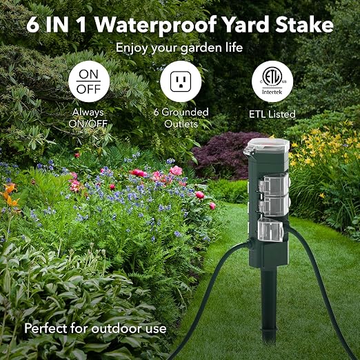 HBN Outdoor Power Strip Yard Stake 6ft Extension Cord,Outside Multiple Plug Outlet with 6 Grounded Outlets,Weatherproof Extension Cord for Halloween/Christmas Decoration Lights,ETL Listed