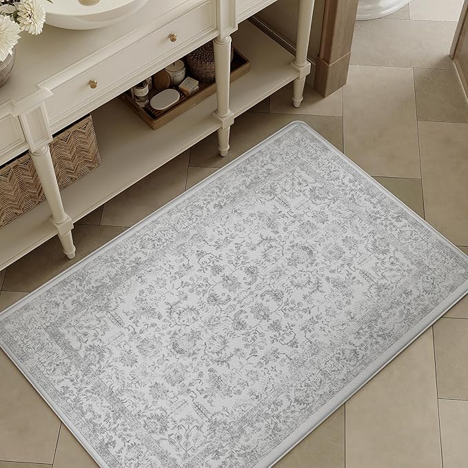 Kitchen Mats for Floor Anti Fatigue Cushioned Gray Vintage Kitchen Mats Waterproof Non Slip Comfort Standing Grey Retro Floral Rug for Sink Laundry Office Bathroom 17.3"x30"