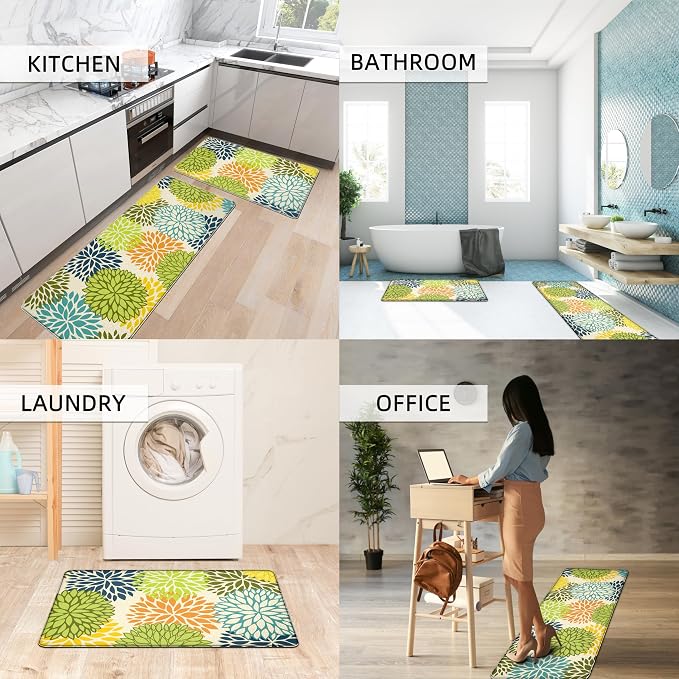 Kitchen Mats Set of 2 Cushioned Anti Fatigue Kitchen Rugs Mats Non Slip Waterproof Kitchen Runner Memory Foam Floor Mat Comfort Standing Mat for Sink,Office,Laundry, Multi Green