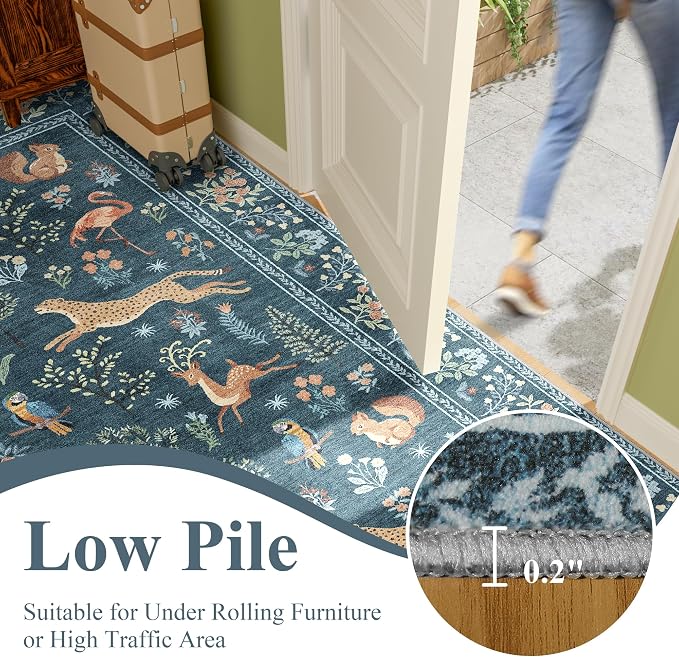 DUKINO Runner Rug, 2x8 Washable Kitchen Rugs for Hallways with Non Slip Backing, Soft Low Pile Vintage Animal Runner for Kitchen, Hallway, Entryway, Laundry, Bedroom, Blue