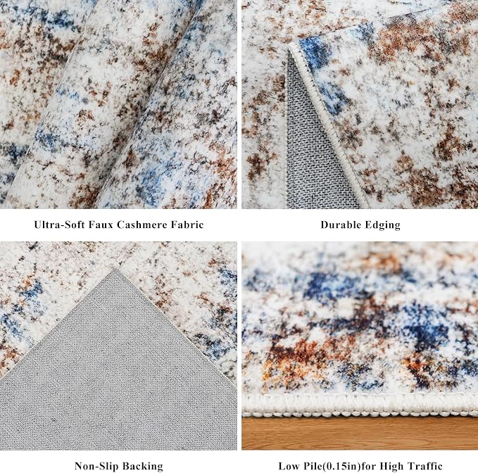 3x15 Ft Long Hallway Runner Rug - Non-Slip Washable Kitchen Runner Rug with Rubber Backing | Modern Abstract Wide Floor Carpet Runner for Indoor Entryway, Bedroom, Living Room（Blue Brown）