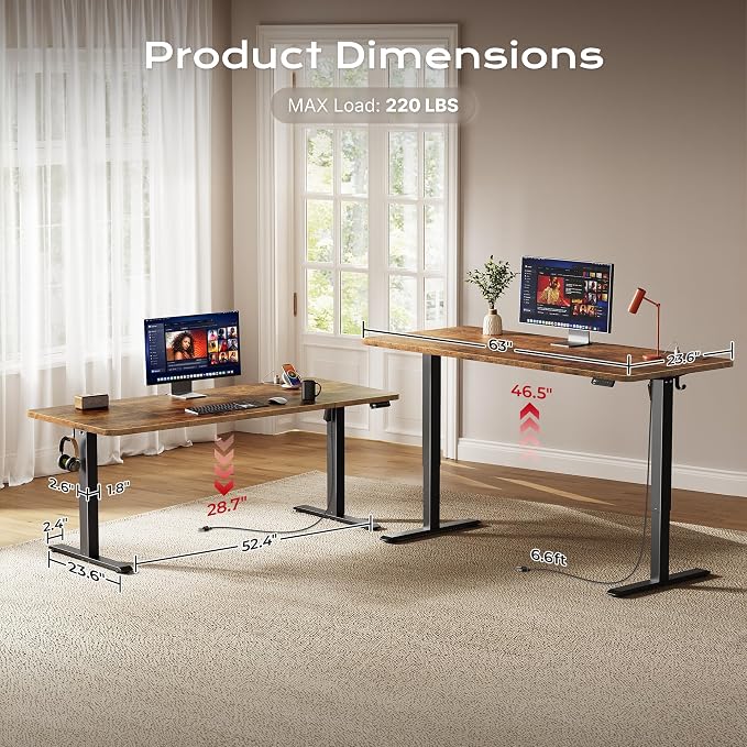 Huuger 63 X 24 Inch Electric Standing Desk with Power Outlets and USB-C Port, Height Adjustable Desk, Sit Stand Desk for Home Office, Computer & Gaming Desk with 4 Presets, Rustic Brown