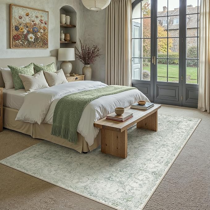 HUGEAR Area Rug 6x9 Vintage Green Machine Washable Living Room Rugs Thin Neutral Floral Vacuumable Low Pile Carpet Bedroom Office Dining Room Laundry Room Non Slip Soft Lightweight