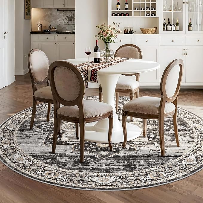 RUUGME Washable 7 Round Rug - Large Rugs for Living Room Low Pile Soft Carpet for Bedroom Kitchen Dining Room Vintage Non Slip Home Decor Floor Mat 7round Black