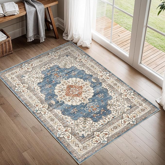 2x3 Washable Small Rug for Entryway: Indoor Vintage Oriental Area Rugs Stain Resistant Door Mat with Non Slip Backing Low Pile Thin Carpet for Bathroom (2x3 Blue/Beige)