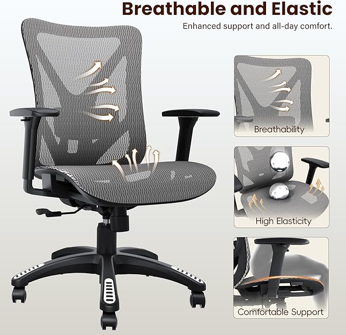 Ergonomic Office Chair, Mesh Computer Desk Chairs with Adjustable Lumbar Support, 3D Armrest, Tilt Function, Comfy Wide Seat, Executive Work Task Chair for Company & Home, Gaming Chair (Grey)