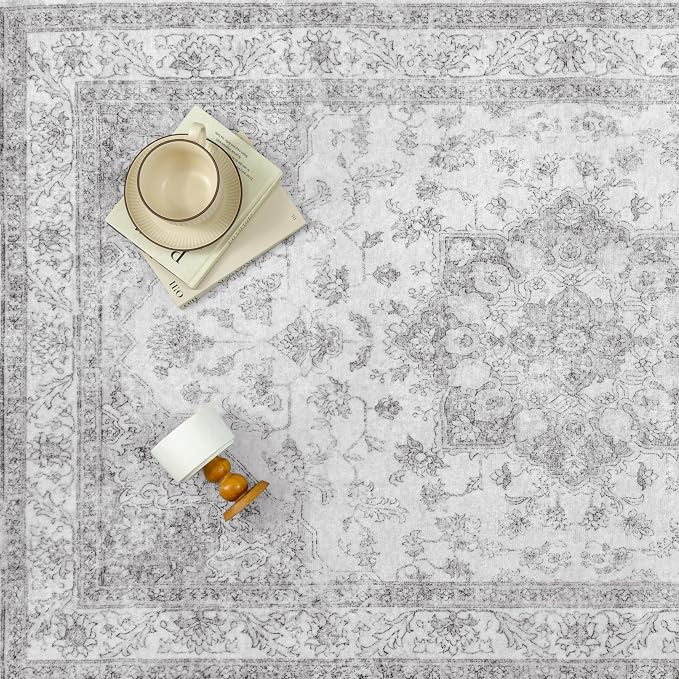 PureCozy Grey Gray Area Rug 6x9 Washable Vintage Carpet for Living Room Bedroom Large Soft Retro Low Pile Thin Indoor Rug Non Slip Oriental Medallion Floor Cover for Dining Room Office