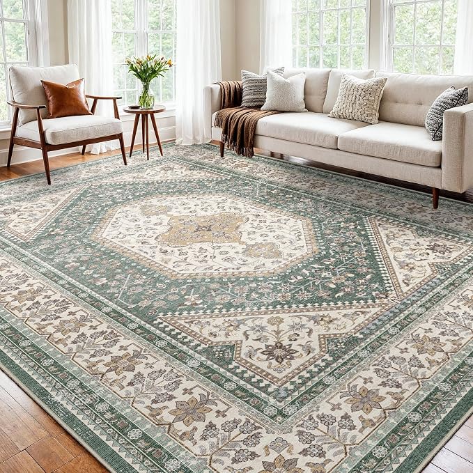 10x12 Area Rug for Living Room: Large Washable Oriental Rugs for Bedroom Non Slip Backing Stain Resistant Indoor Soft Floor Carpet for Dining Table Nursey Dorm Kitchen Low Pile Green/Beige