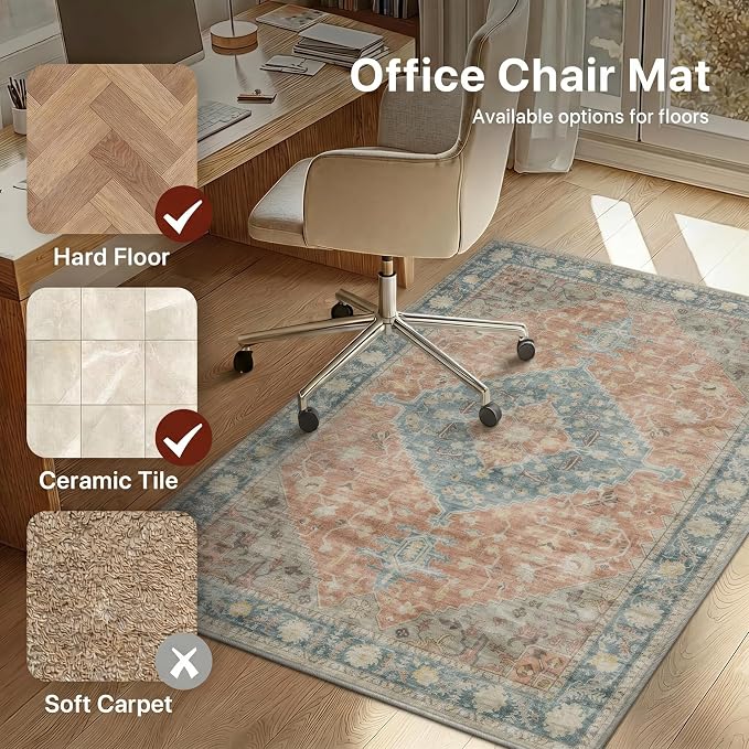 36"x60" Office Chair Mat for Hardwood Tile Floor, Under Desk Carpet Protector for Rolling Computer Chair Mat, Machine Washable Area Rug, Anti-Slip 1/5" Thick Low Pile Thin Vinyl Floor Mat, Terracotta